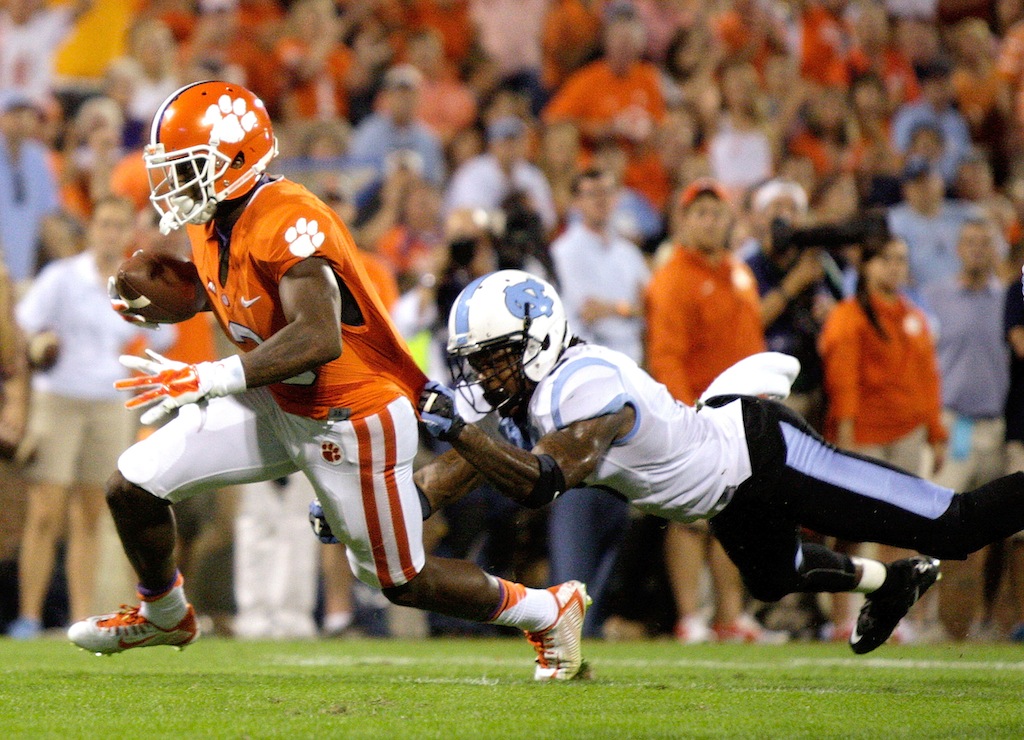 Artavis Scott #3 of the Clemson Tigers lunges for a touchdown during the game against the North Carolina Tar Heels