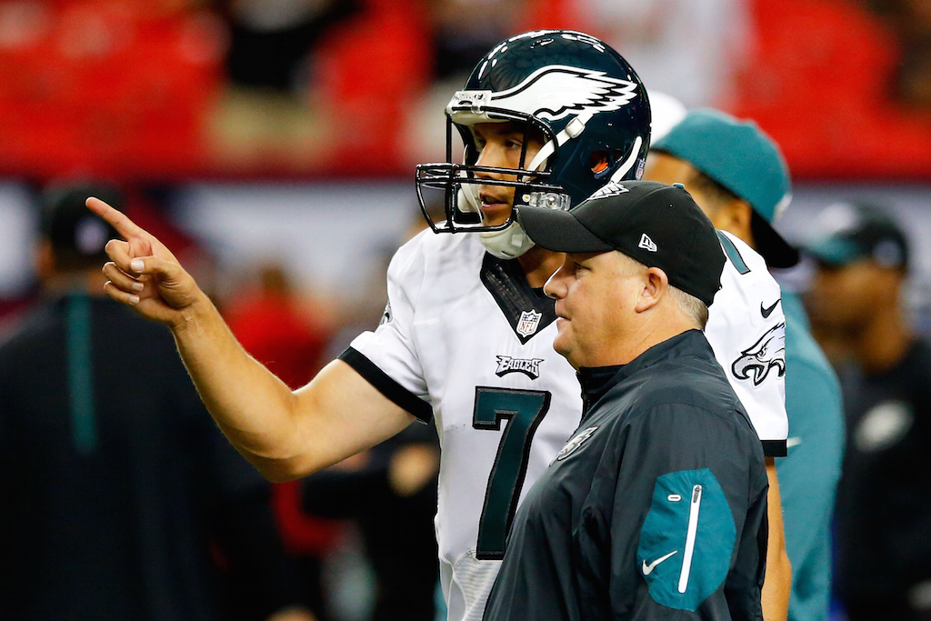 Sam Bradford and Eagles coach Chip Kelly chat