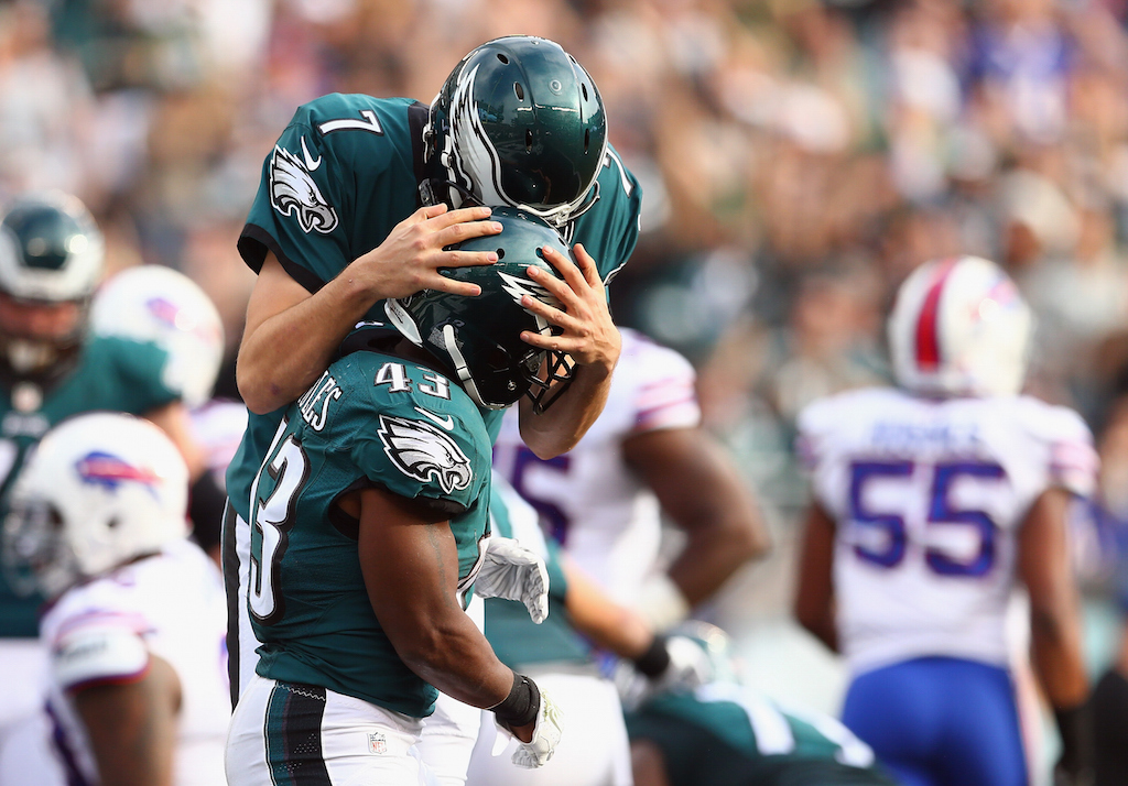Sam Bradford and Darren Sproles celebrate a touchdown