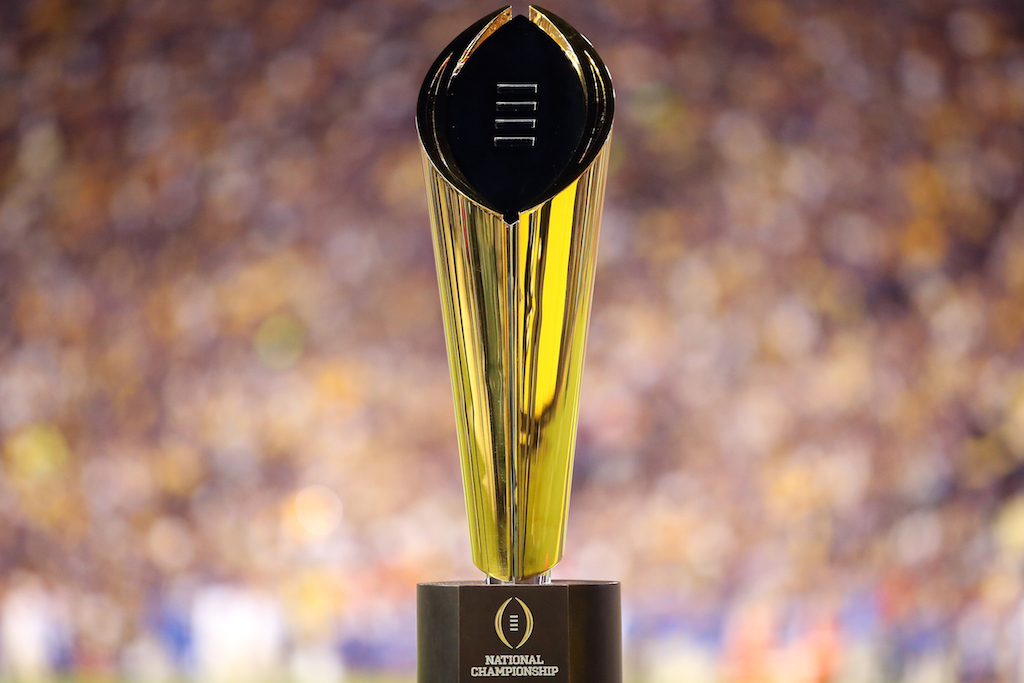 College Football Playoff National Championship Trophy presented by Dr Pepper is seen at Tiger Stadium