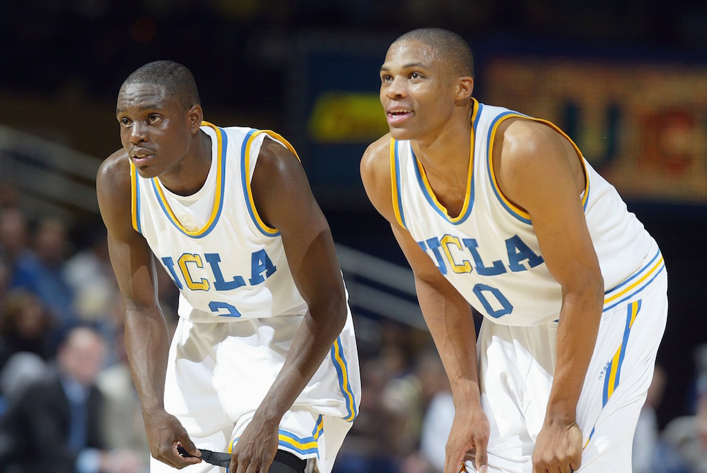Darren Collison #2 and Russell Westbrook #0 of the UCLA Bruins get ready on the court