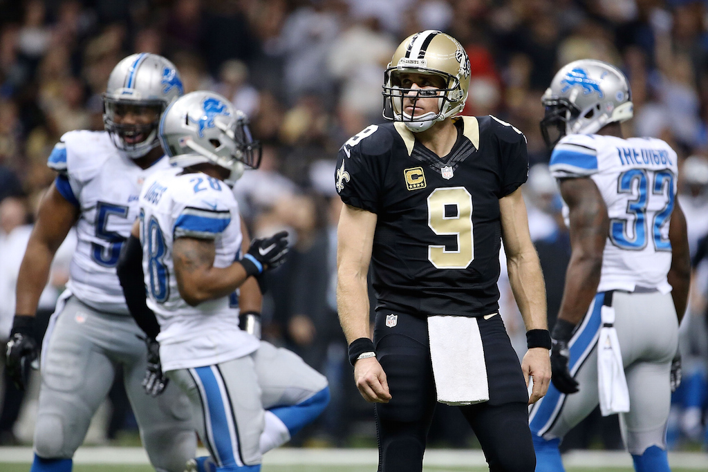 Drew Brees looks on during a game against the Detroit Lions