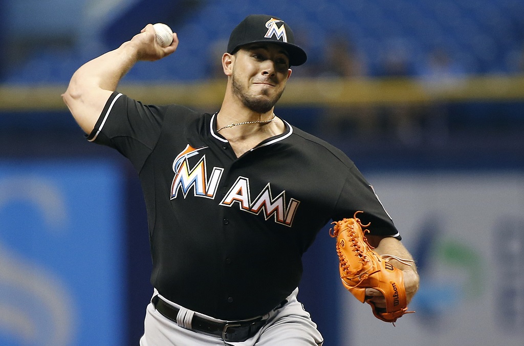 ST. PETERSBURG, FL - OCTOBER 1: Jose Fernandez #16 of the Miami Marlins pitches during the first inning of a game against the Tampa Bay Rays on October 1, 2015 at Tropicana Field in St. Petersburg, Florida.