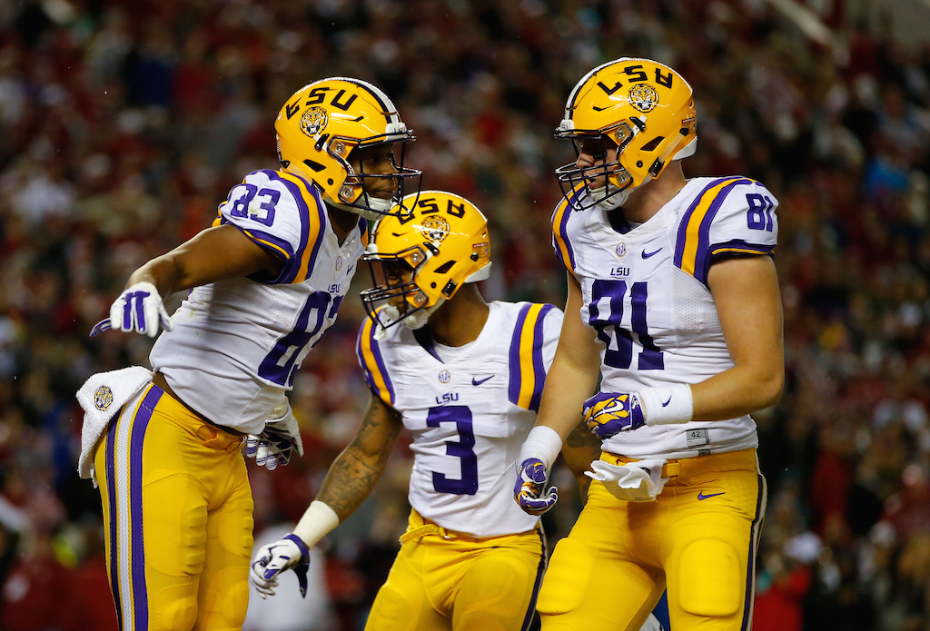 Travin Dural #83 of the LSU Tigers celebrates his touchdown reception
