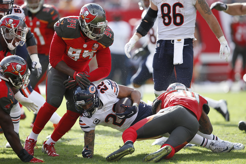 Matt Forte is tackled by the Buccaneers