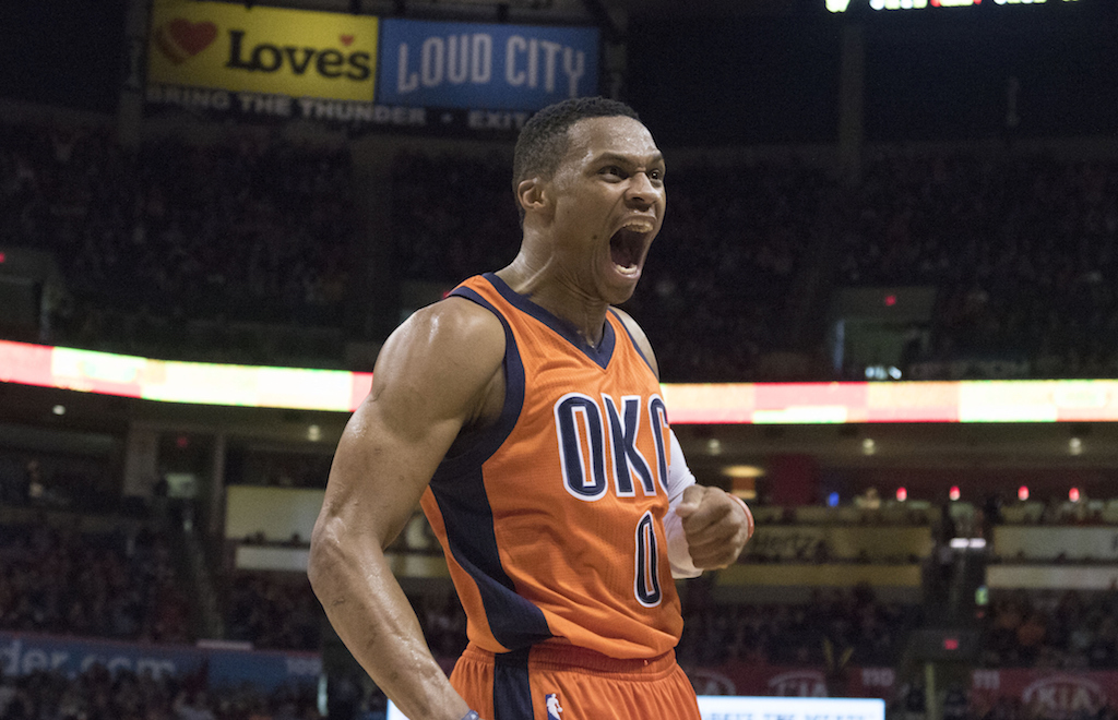 Russell Westbrook reacts to a basket against the Jazz