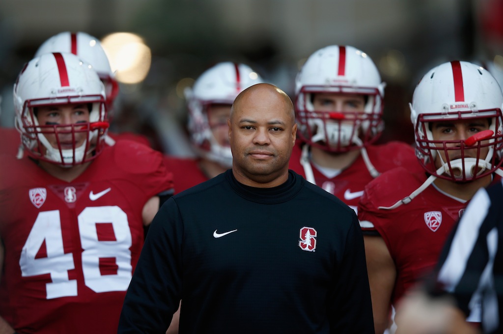 The Stanford Cardinal walk out for their game against Oregon