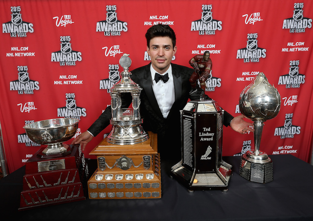 Carey Price of the Montreal Canadiens poses after winning the Jennings Trophy, the Vezina Trophy, the Ted Lindsay Trophy and the Hart Memorial Trophy at the 2015 NHL Awards