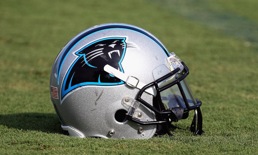 A shot of the Carolina Panthers football helmet.