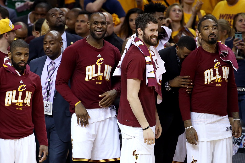 Kyrie Irving, LeBron James, Kevin Love, and J.R. Smith basking in the way they totally stomped the Raptors during the NBA Playoffs.