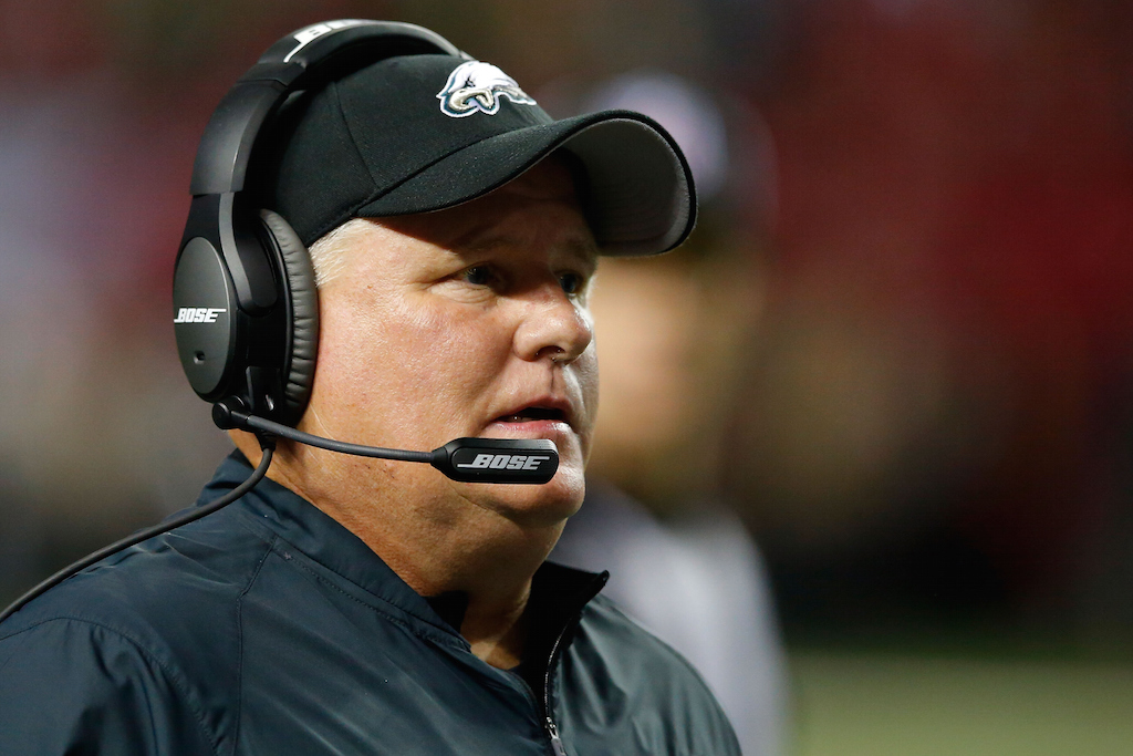 Chip Kelly looks on during a game against the Falcons