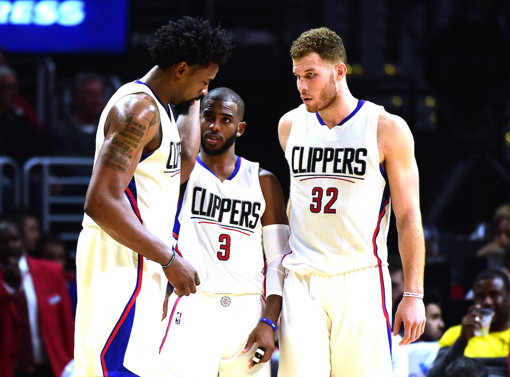 DeAndre Jordan #6, Chris Paul #3 and Blake Griffin #32 of the Los Angeles Clippers