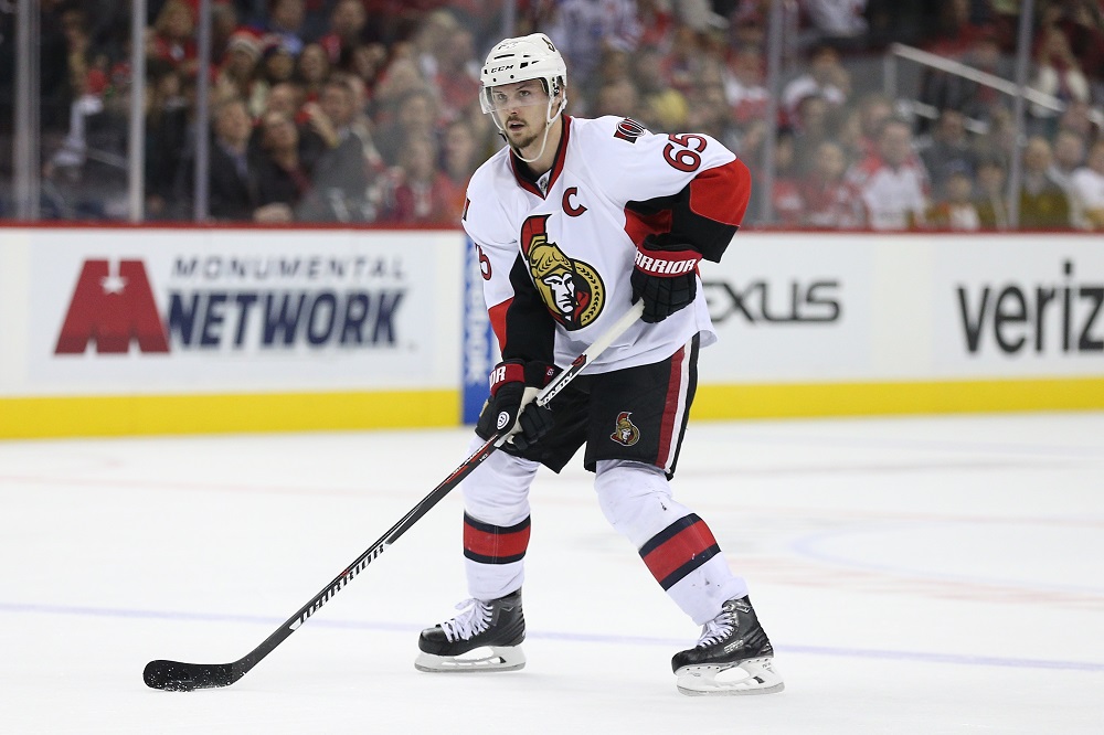 Erik Karlsson #65 of the Ottawa Senators ready to hit a shot