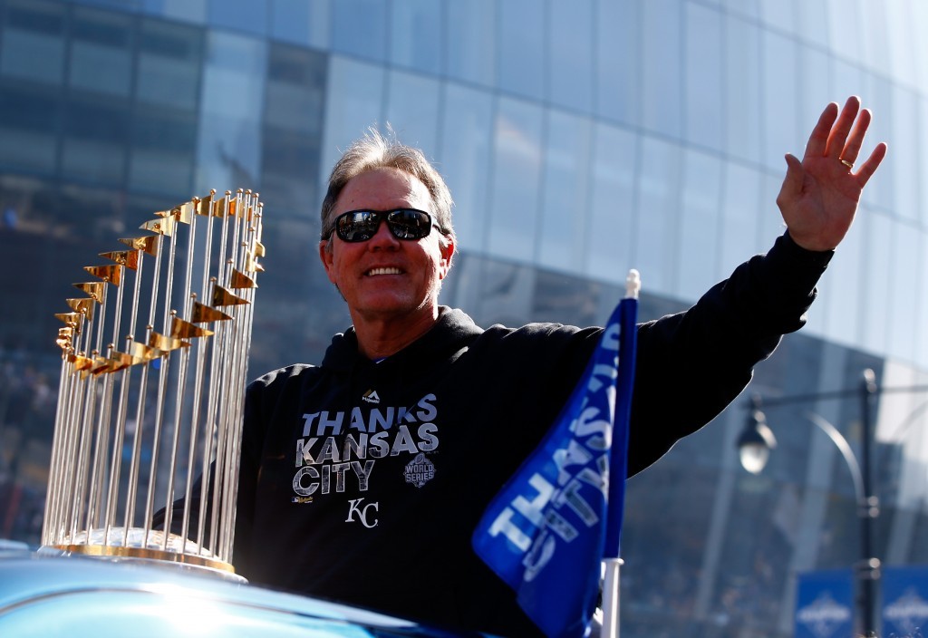 Manager Ned Yost #3 of the Kansas City Royals waves to the crowd during a parade and celebration in honor of the Kansas City Royals' World Series win on November 3, 2015 in Kansas City, Missouri. (Photo by Jamie Squire/Getty Images)