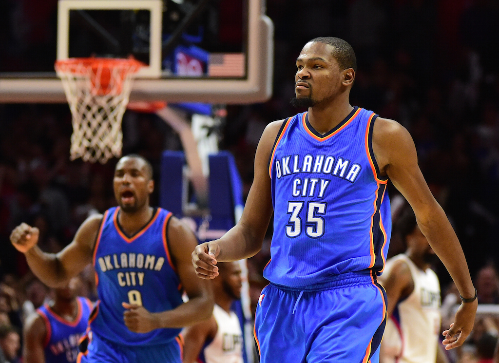 Kevin Durant reacts to a made basket