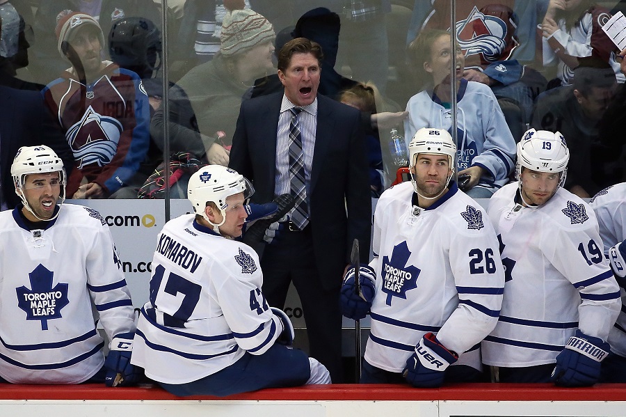 Head coach Mike Babcock of the Toronto Maple Leafs during a NHL game