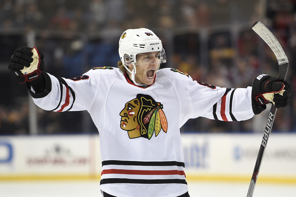 Patrick Kane #88 of the Chicago Blackhawks reacts after scoring a goal