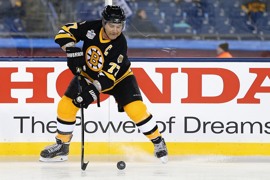 Ray Bourque #77 of the Boston Bruins ready to hit during a NHL game
