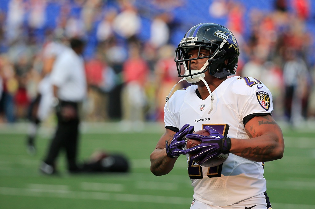 BALTIMORE, MD - AUGUST 07:  Running back  Ray Rice #27 of the Baltimore Ravens warms up before the start of an NFL pre-season game against the San Francisco 49ers at M&T Bank Stadium on August 7, 2014 in Baltimore, Maryland.