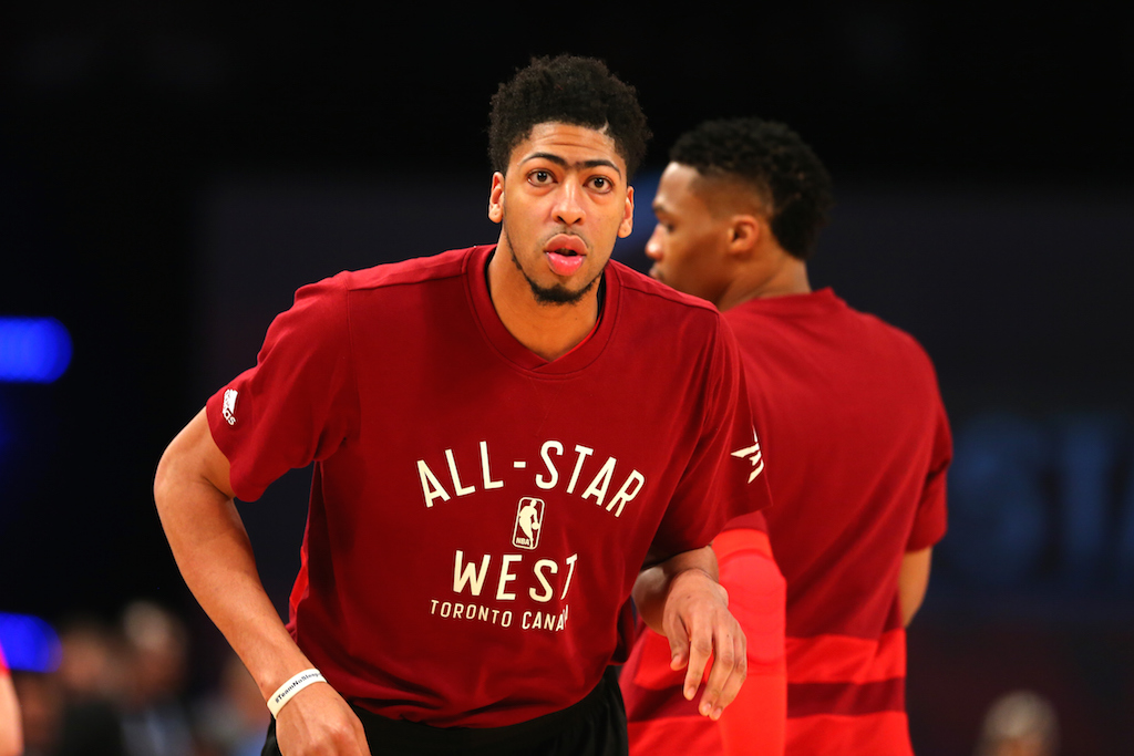 Anthony Davis of the New Orleans Pelicans and the Western Conference warms up prior to the 2016 NBA All-Star Game.