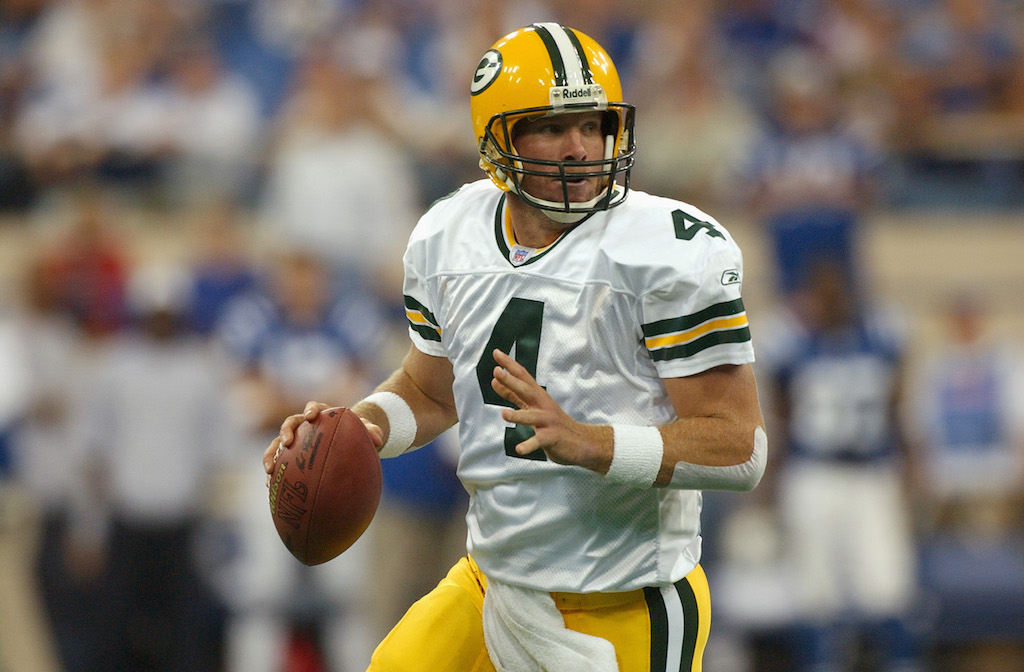 Green Bay Packers quarterback Brett Favre looks for a target.
