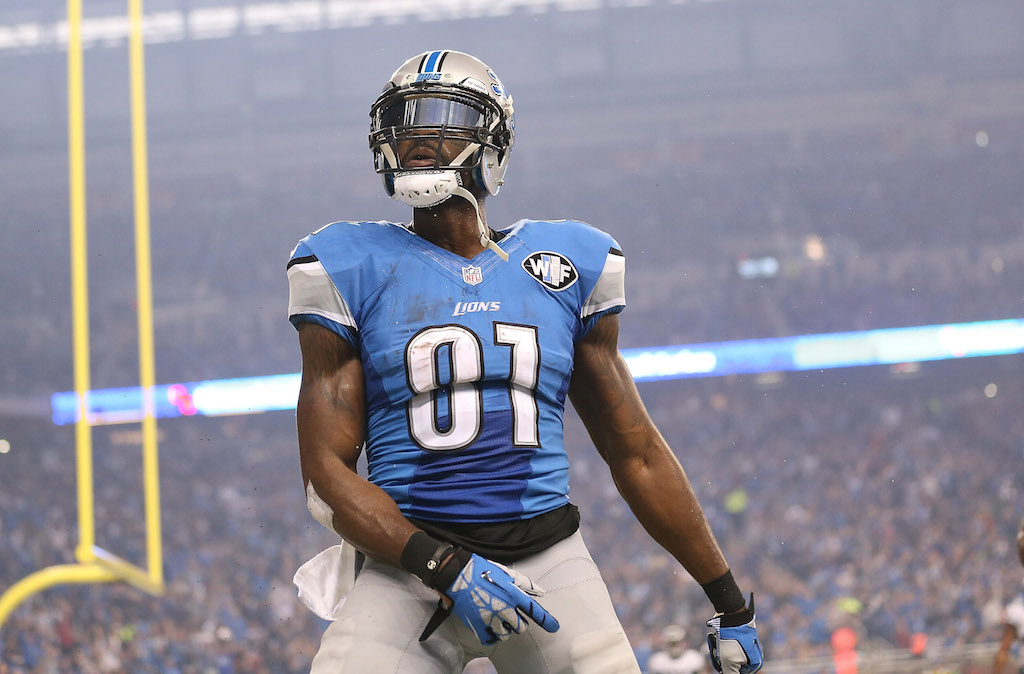 Calvin Johnson celebrates after a touchdown
