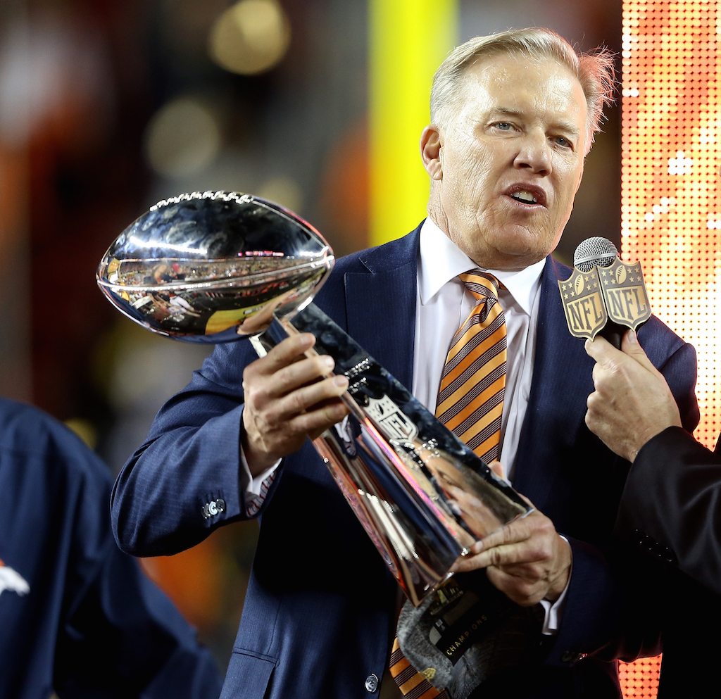 John Elways holds the Lombardi Trophy after the Denver Broncos won Super Bowl 50.