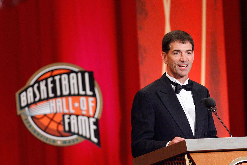 John Stockton addresses attendees at the Basketball Hall of Fame ceremony.
