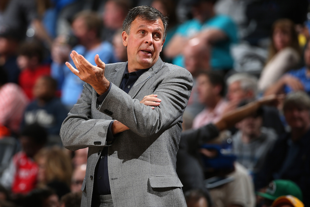 Former Rockets coach Kevin McHale looks on during a game against the Nuggets