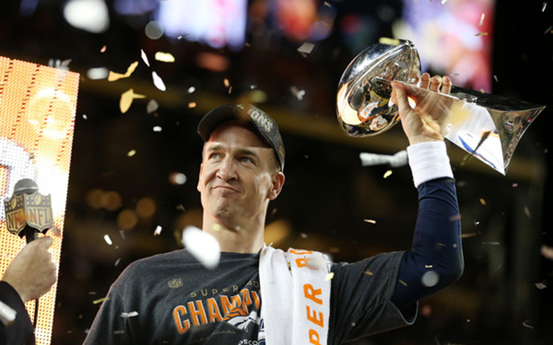 Peyton Manning holds the trophy after Super Bowl 50
