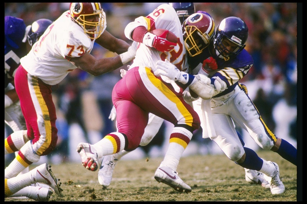 18 Jan 1988: Running back Timmy Smith of the Washington Redskins gets tackled during a playoff game against the Minnesota Vikings at RFK Stadium in Washington, D. C. The Redskins won the game, 17-10. Mandatory Credit: Mike Powell /Allsport