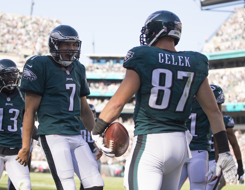 Sam Bradford #7 celebrates touchdown with Brent Celek