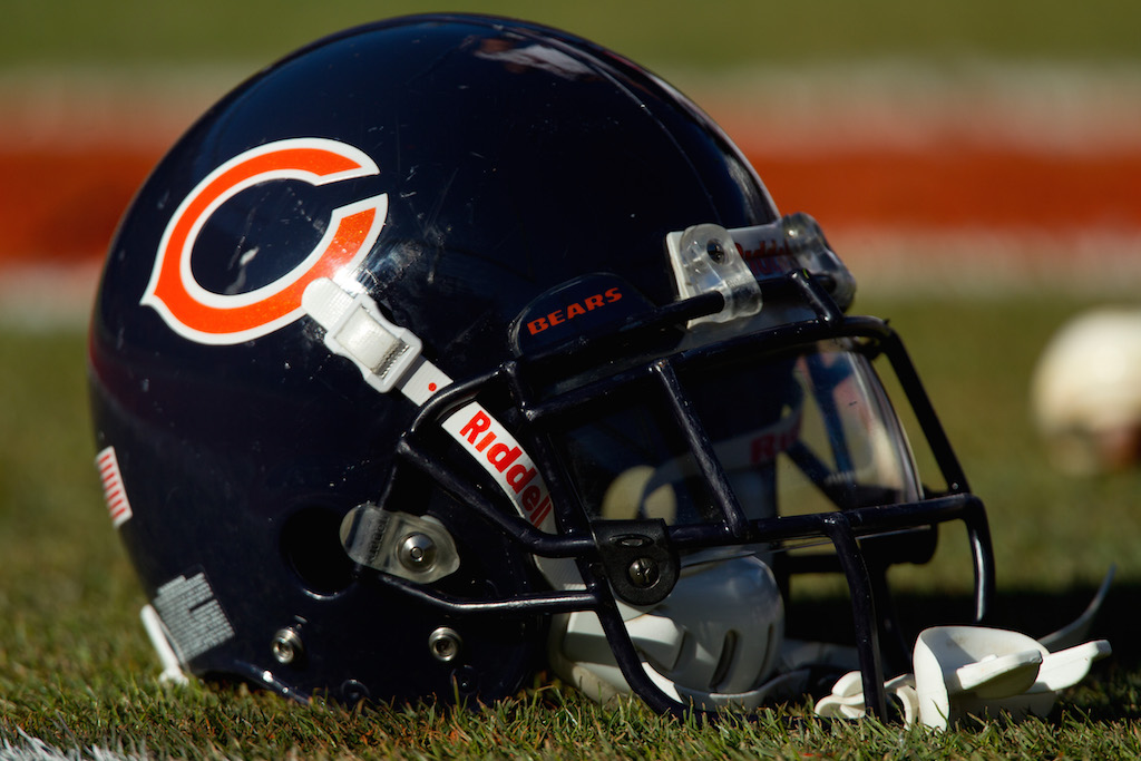 The Chicago Bears helmet on the field. The Chicago Bears helmet on the field.