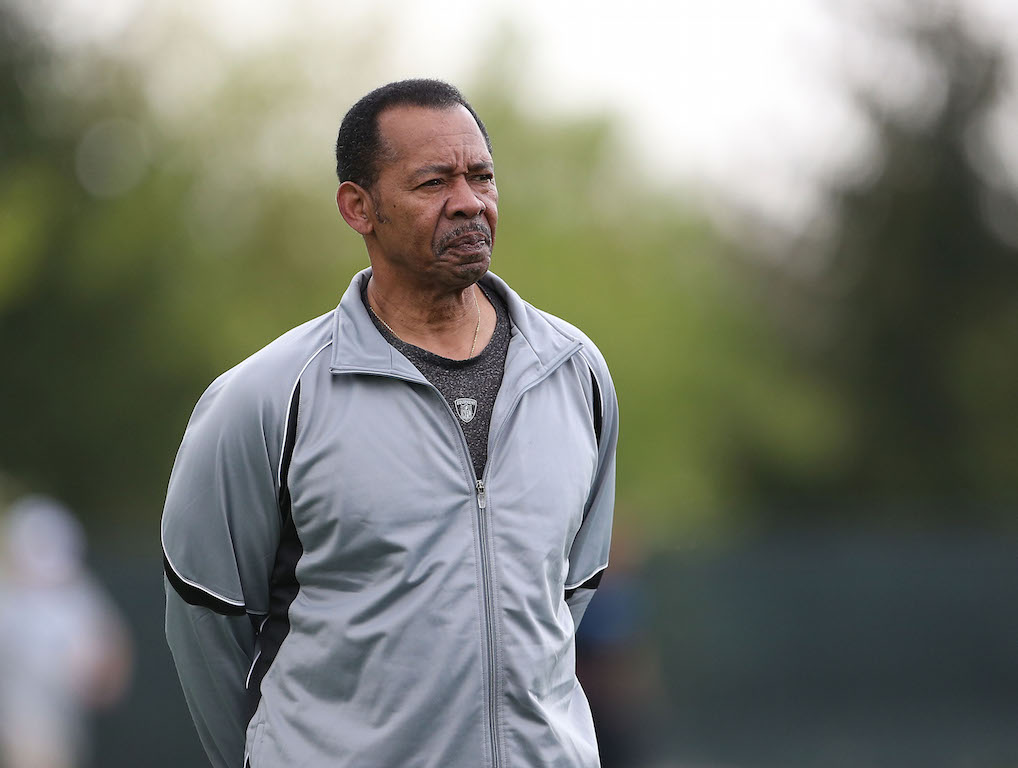 Former Detroit Lion and HOF Charlie Sanders watches the action during the first day of Rookie Camp. (Photo by Leon Halip/Getty Images)