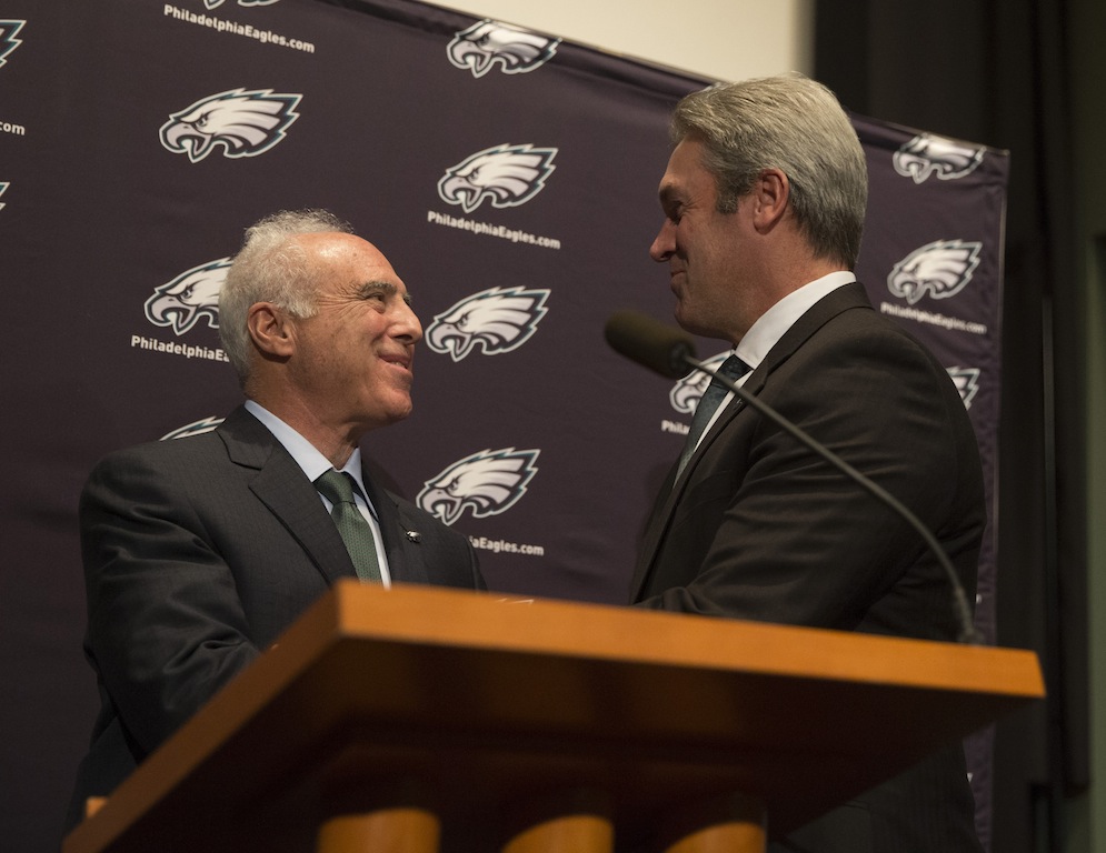 Eagles owner Jeffrey Lurie (L) announces new head coach, Doug Pederson