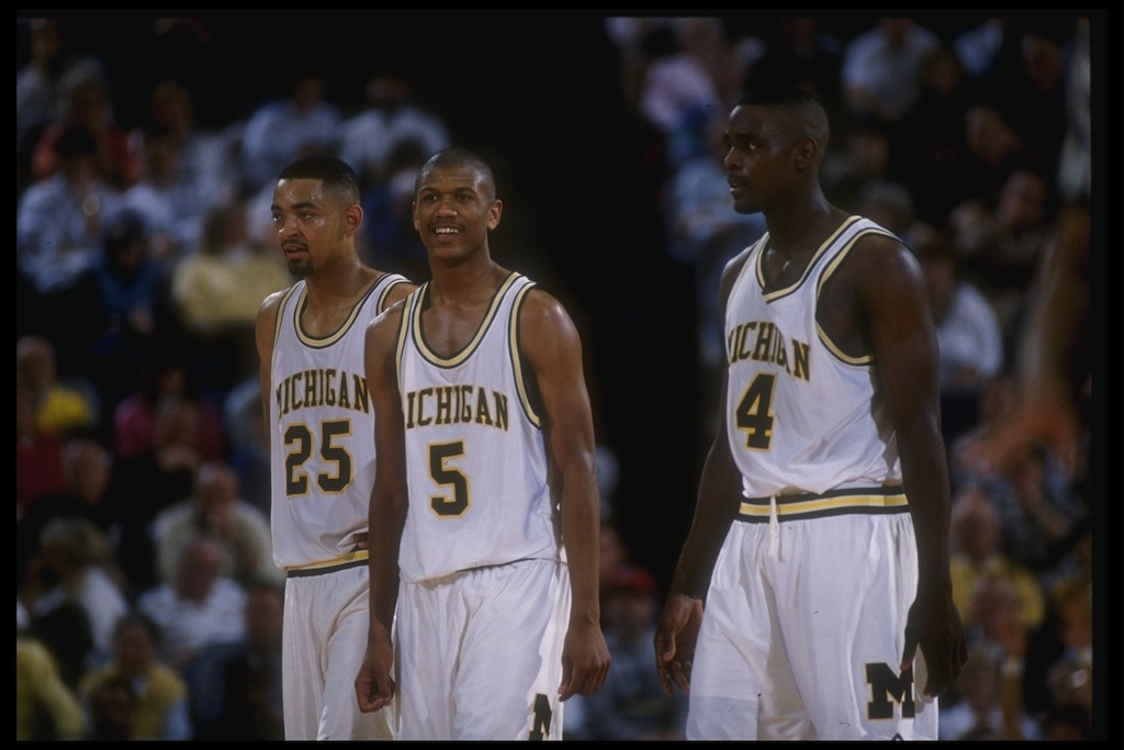 Michigan's Juwan Howard, Jalen Rose, and Chris Webber (L to R) prepare for the play | Duane Burleson/Getty Images