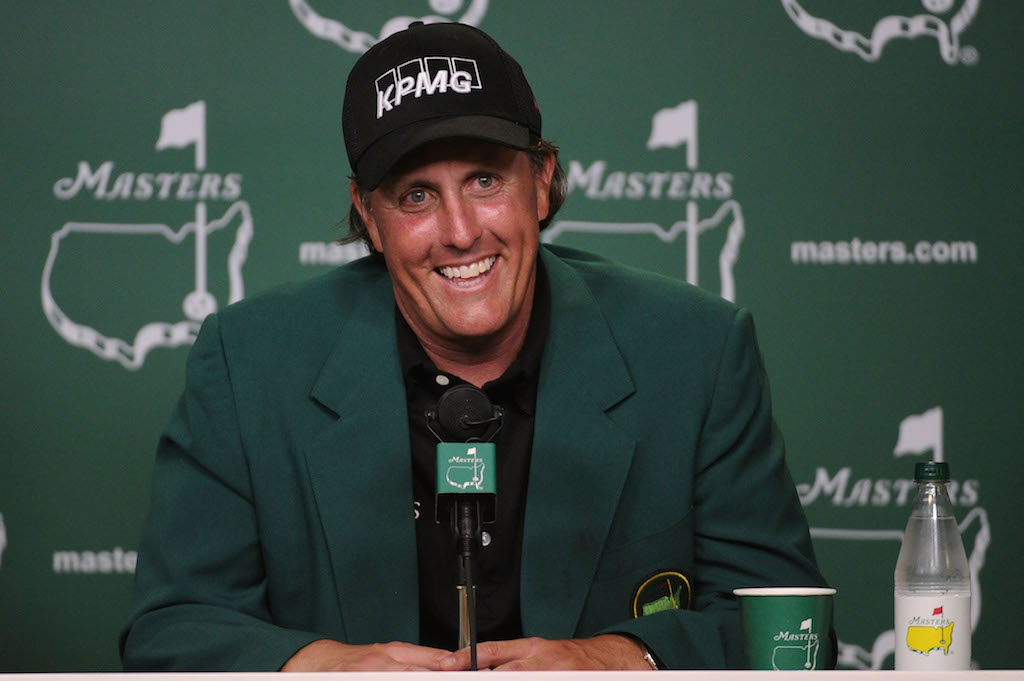 Phil Mickelson smiles during a Masters press conference.