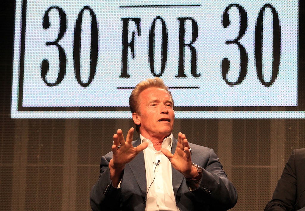 Arnold Schwarzenegger speaks at the 30 for 30 Shorts discussion panel.