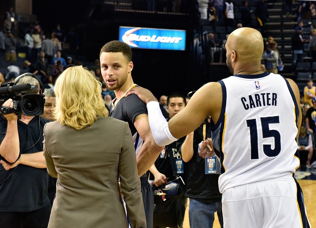 after a 100-99 victory over the Memphis Grizzlies at FedExForum on April 9, 2016 in Memphis, Tennessee.