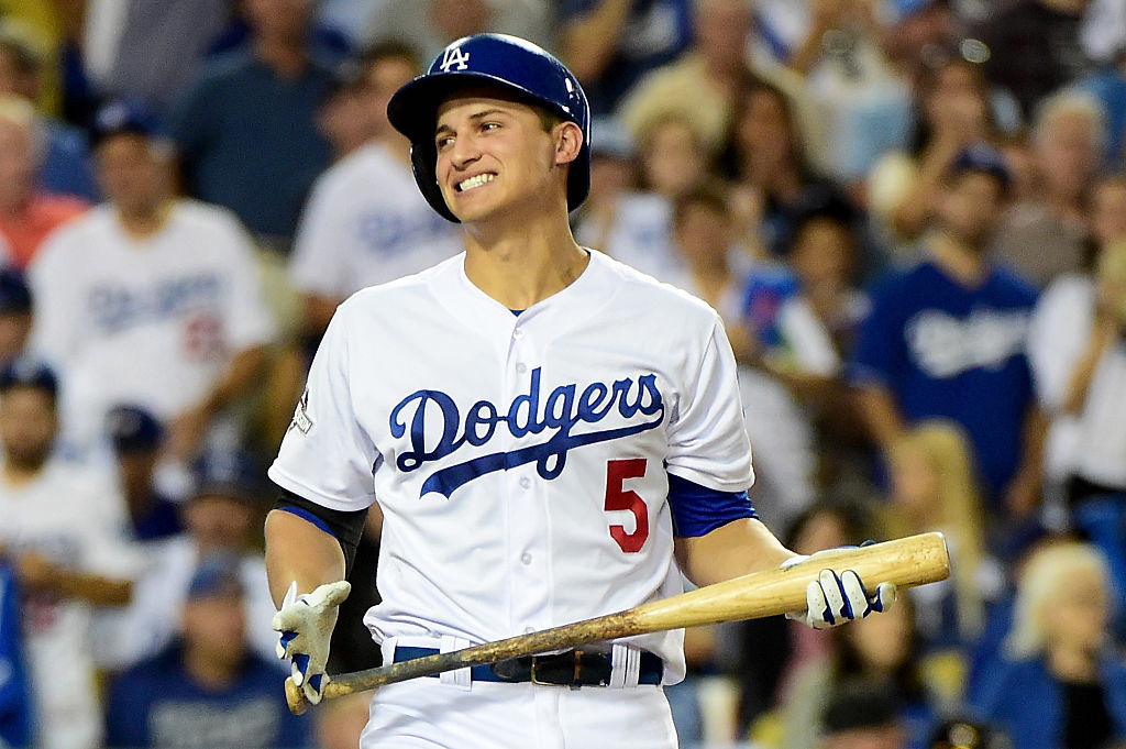 Corey Seager #5 of the Los Angeles Dodgers reacts while at bat against the New York Mets.