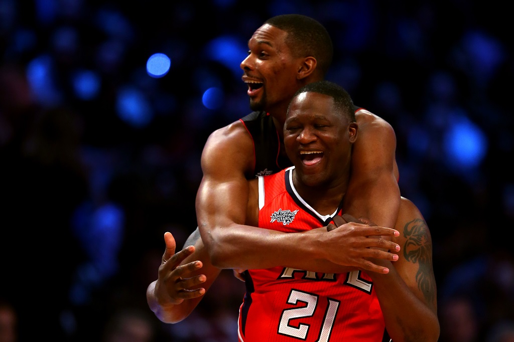 Chris Bosh and Dominique Wilkins celebrate during the 2015 NBA All-Star Game.