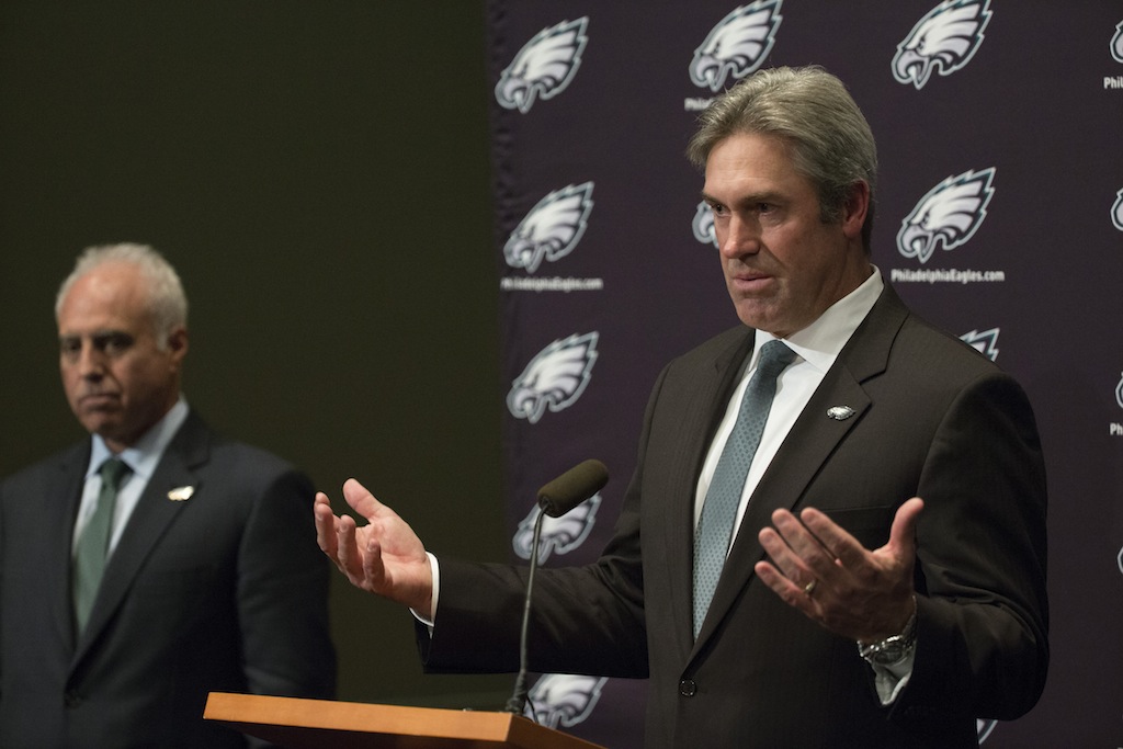 Doug Pederson is introduced as the new coach of the Philadelphia Eagles. | Mitchell Leff/Getty Images