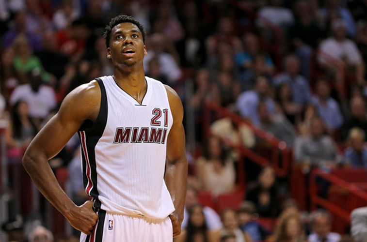 Hassan Whiteside of the Miami Heat looks at the basket.