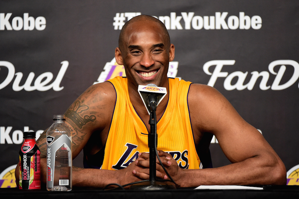 Kobe Bryant talks during a press conference.