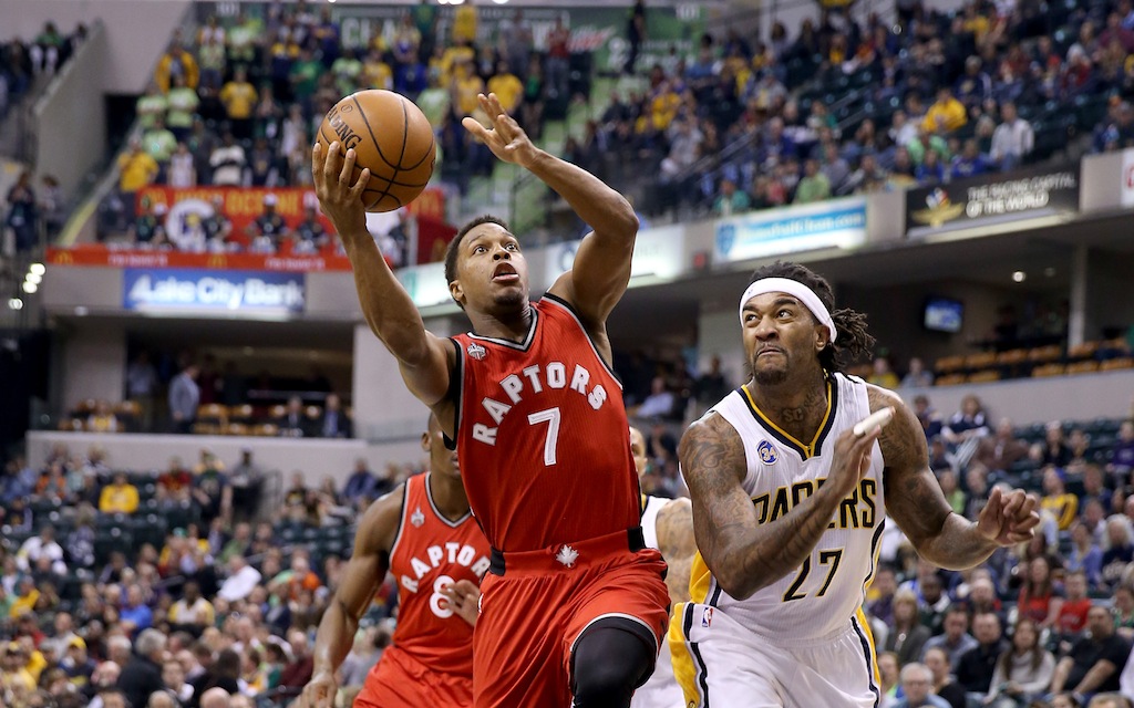 Kyle Lowry drives to the basket against the Pacers. | Andy Lyons/Getty Images