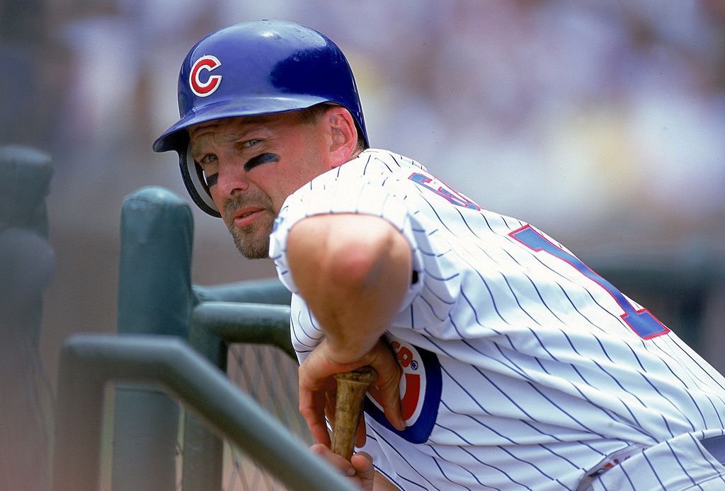 Mark Grace of the Chicago Cubs stretches during a game. | Jonathan Daniel/Allsport/Getty Images