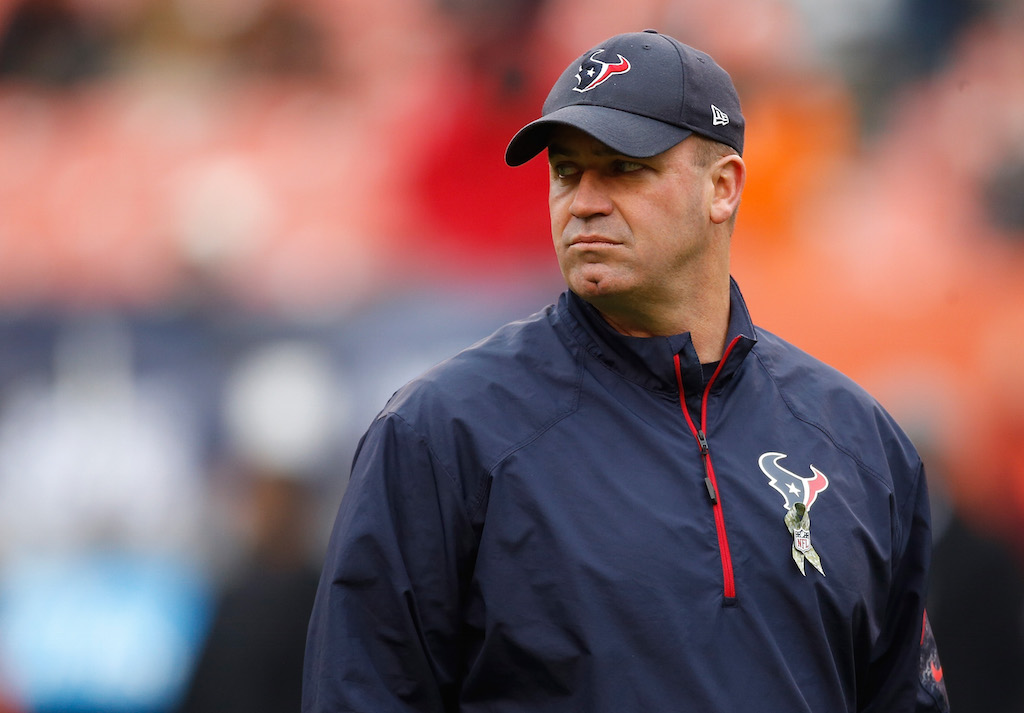 Bill O'Brien of the Houston Texans looks on during warmups.
