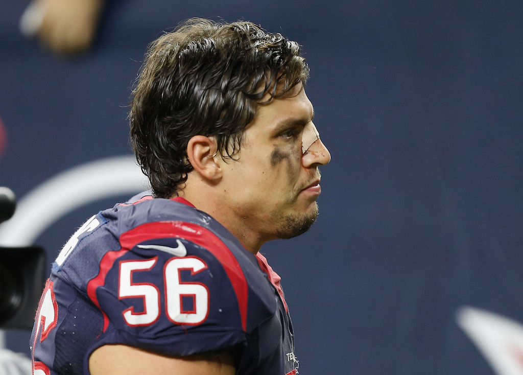 HOUSTON, TX - JANUARY 09: Brian Cushing #56 of the Houston Texans leaves the field after their 30-0 loss to the Kansas City Chiefs during the AFC Wild Card Playoff game at NRG Stadium on January 9, 2016 in Houston, Texas. (Photo by Bob Levey/Getty Images)