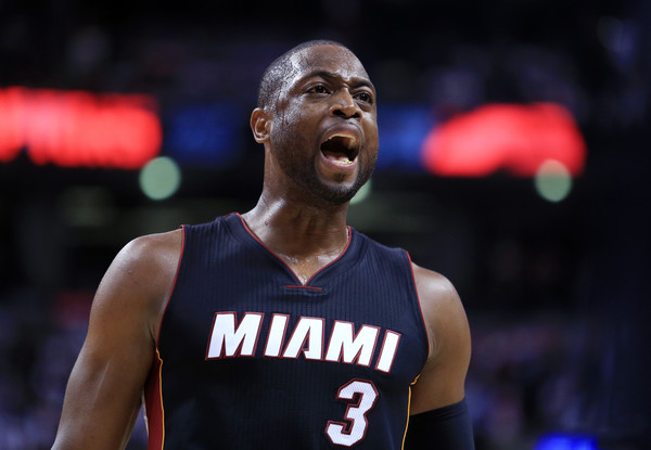 Dwyane Wade argues a call.