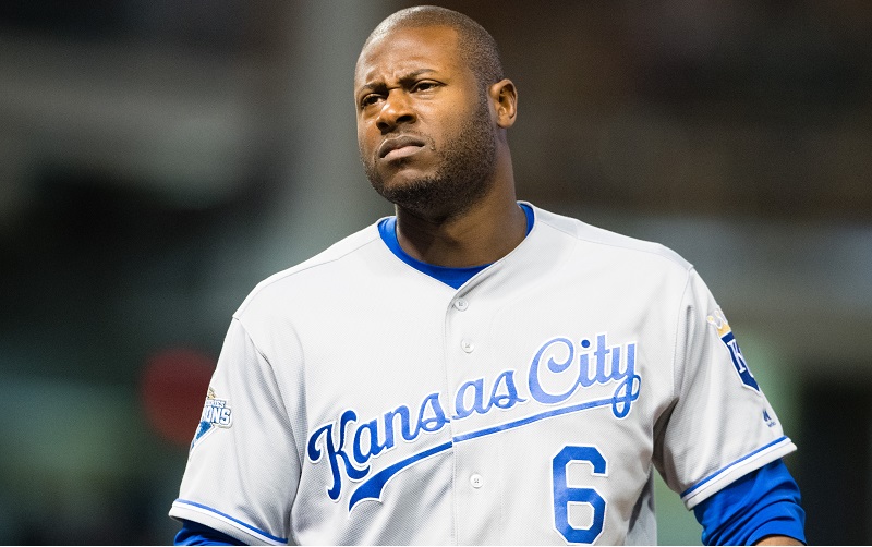 Lorenzo Cain looks pained as he walks back to the Kansas City dugout.